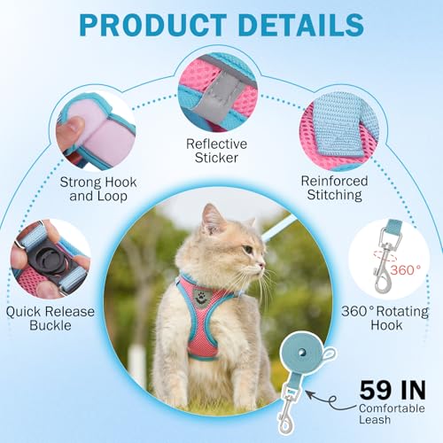 SCENEREAL Cat Harness and Leash Set Escape Proof, Adjustable Soft Air Mesh Kitten Harnesses for Girls Boys Small Medium Bi...