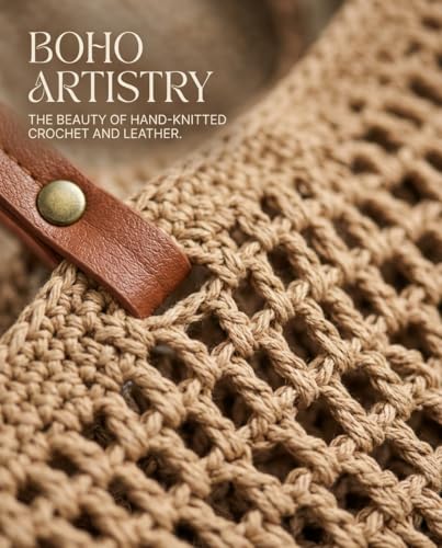 Crochet Beach Bags for Women, Reinforced Strap Woven Tote Bag with Zipper, Lined Boho Summer Vacation Travel Purse