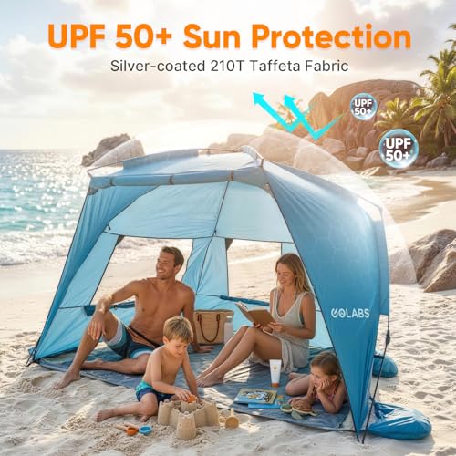 Golabs BT1 Pop up Beach Tent Sun Shelter for 3-Person, 1-Minute Setup by Pre-Attached Pole & UPF 50+, Beach Shade with Det...