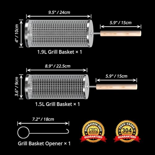 ivtivfu Rolling Grill Basket, Removable Wooden Handle, 304 Stainless Steel, Nesting BBQ Tools, Smoker Grilling Accessories...