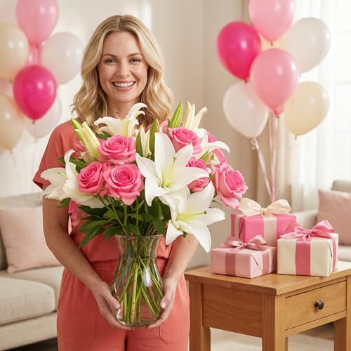 Benchmark Bouquets - Oriental Lily Flower & Pink Roses Bouquet - Fresh Flowers for Delivery - Real Flowers in a Vase - Gif...