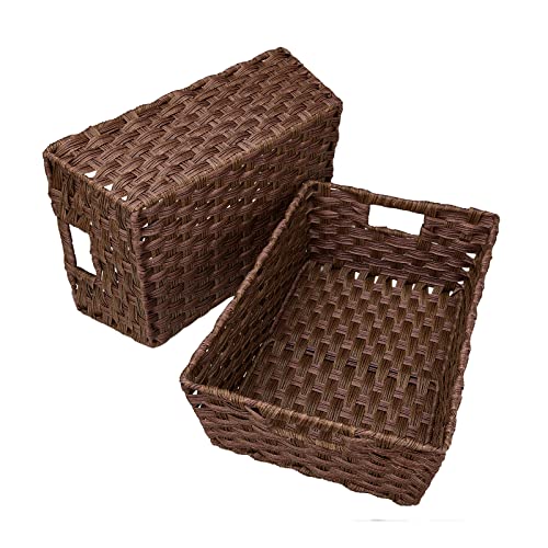 Onlytak Large Wicker Storage Basket, Metal Frame, Set of 2, Washable Waterproof, 15" x 10.3" x 5.2", Brown Color, Woven Ba...