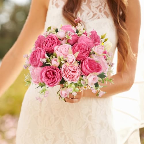 Artificial Peonies Silk Flowers, Pink Faux Peony Bouquet 2 Bundles Florals Arrangements Decor for Farmhouse Home Boho Wedd...