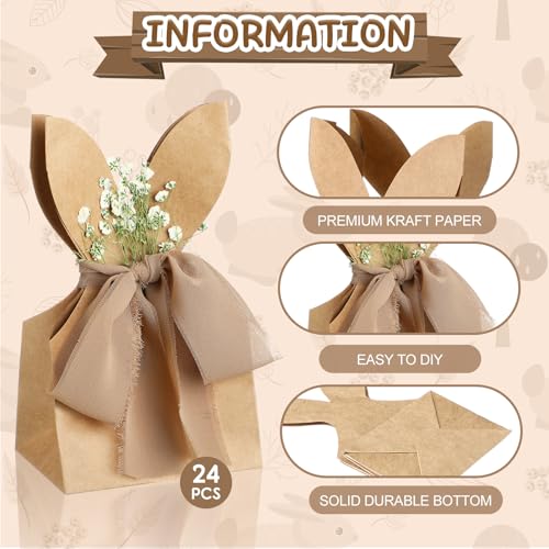 Affrolling 24 Set Boho Bow Easter Bunny Party Favor Bags DIY Bunny Gift Boxes with Neutral Bow Ribbon and Dried Flowers Ru...