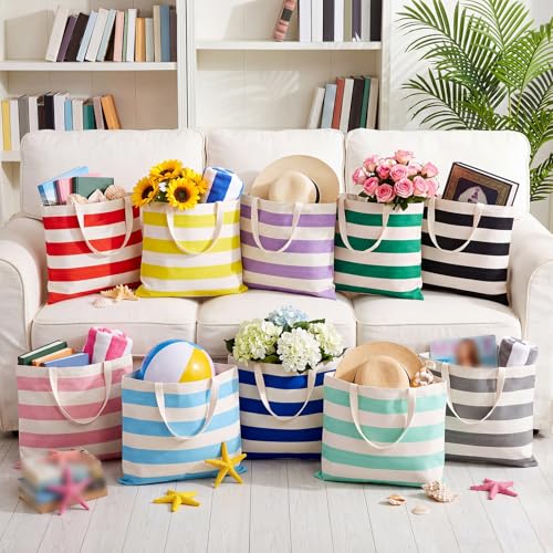 Aliceset 10 Pcs Large Beach Canvas Tote Bags Bulk for Women 18.5 x 15 Inch Waterproof Stripe Sandproof Tote Bags with Hand...
