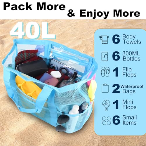 CaCTOUR Mesh Beach Bag,Large Beach Bags for Women with 8 Pockets,Packable Tote Bag for Beach Cruise Pool Vacation Essentials