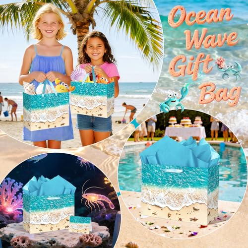TagreSpike Beach Gift Bag with Tissue Paper and Card Summer Beach Goodie Candy Bags Seashell Blue Ocean Wave Summer Pool P...