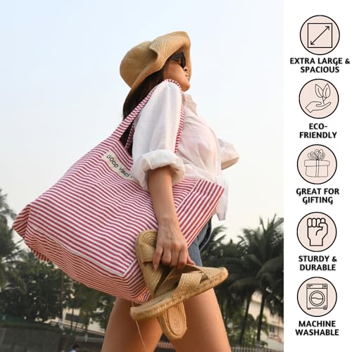 Folkulture Beach Bag For Women | 17 x 14 Inch - 100% Cotton Beach Tote Bag With Zipper Pocket Inside, Large Woven Pool Bag