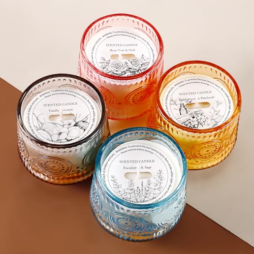 4 Pack Luxury Scented Candles Gift Set - 7oz Soy Wax Candles in Glass Jars, Gifts for Women - Vanilla Coconut, Eucalyptus ...