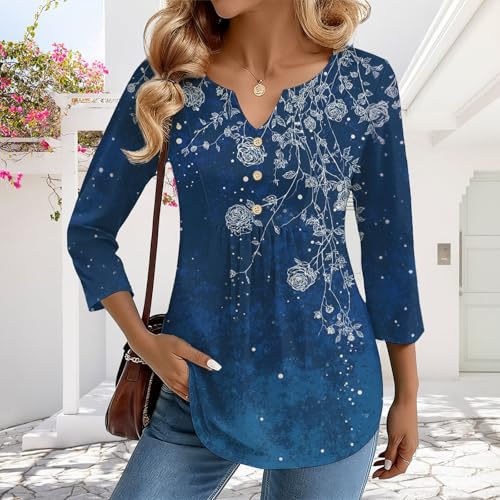 YABTF Womens Boho Floral Tunic Tops V Neck Button 3/4 Sleeve T Shirts for Women Casual Drssy Spring Summer Graphic Blouses