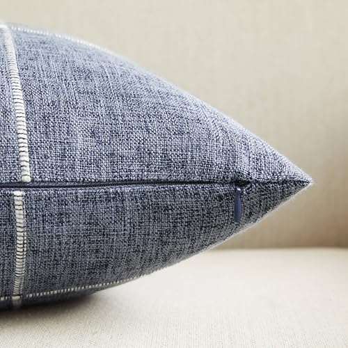 YZJZEDS 2 Packs Grid Embroidery Throw Pillow Covers, 20x20 Inch Navy Blue, Farmhouse Linen Decorative Navy Blue Cushion Co...