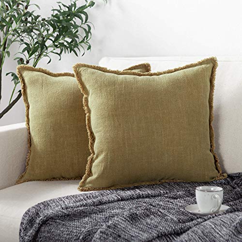 ATLINIA Fringed Cushion Cover 20 x 20 Soft Linen Decorative Throw Pillow Cover for Couch Sofa Bed and Outdoor Olive Pillow...