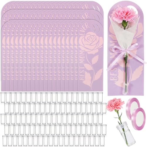 Eaasty 96 Set Mother's Day Themed Single Carnation Card Sleeve Gift Packaging Flower Holder with Floral Water Tubes Ribbon...