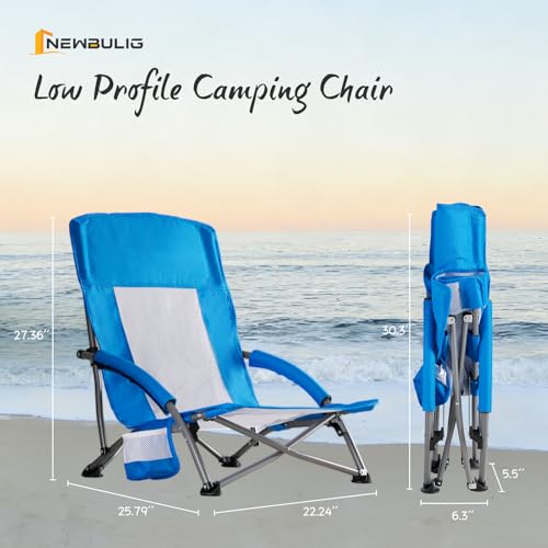 NEWBULIG Low Beach Chair – Folding Camping Chair for Adults, Low Profile Lawn Chair with Cup Holders & Carry Bag, Extra Wi...