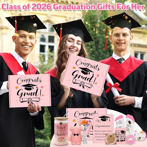 12 Pieces 2026 Graduation Gift Box Set, Class of 2026 Graduation Gift Basket with 16 Oz Glass, Socks, Bear Towel, Journal ...