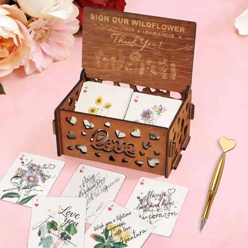 54 PCS Personalized Wedding Guest Book Alternative, Floral Wedding Guest Playing Cards Set with Wooden Openwork Storage Bo...