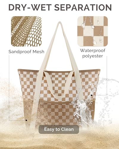 HOMESPON Beach Bag Large Waterproof Sandproof Tote for Women with Zipper and Mesh Pockets