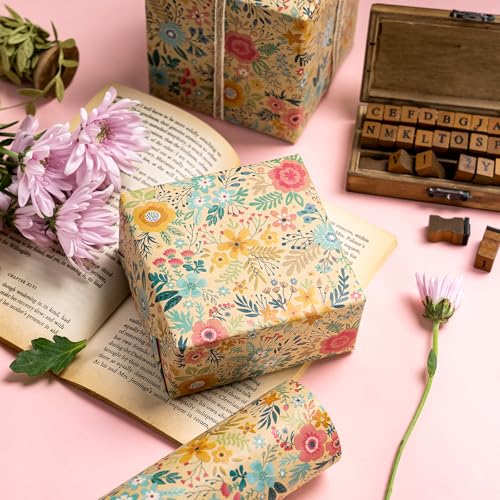WRAPAHOLIC Kraft Floral Wrapping Paper Roll - Mini Roll - 17 Inch x 9.8 Feet - Spring Summer Garden Flower Design Perfect ...