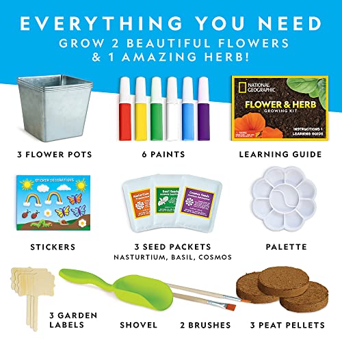 National Geographic Flower & Herb Gardening Kit for Kids - Gardening Set with 3 Stainless Steel Pots, Paint & Stickers, Ki...