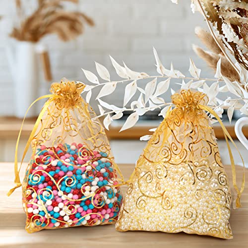 Staruby Organza Gift Bags 50 Pcs Gold Sheer Organza Bag 6x8 Inch Mesh Favor Bags Drawstring Jewelry Rattan Printed Gift Po...