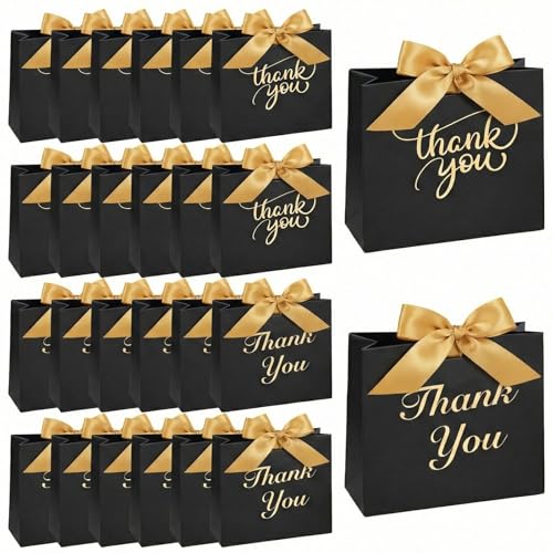 VGOODALL 24PCS Thank You Gift Bags, 4.5x3.9x1.7Inches Mini Party Favor Bags Black Treat Boxes with Bow Ribbon for Wedding ...