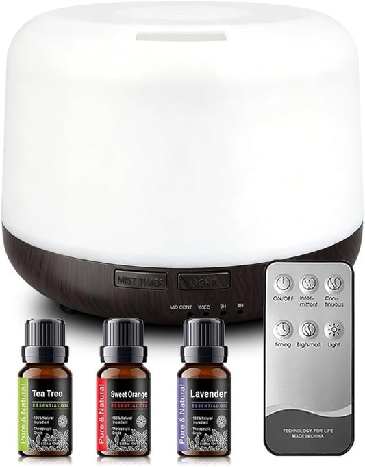 Aroma Diffuser with 3 Essential Oils Set,500ml Aromatherapy Essential Oil Diffusers for Large Room,Mini Humidifier for Hom...