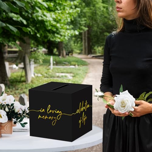 QISOLIY Black Celebration of Life Card Box with Gold Lettering, Share a Memory Funeral Card Box for Memorial Service, Reme...