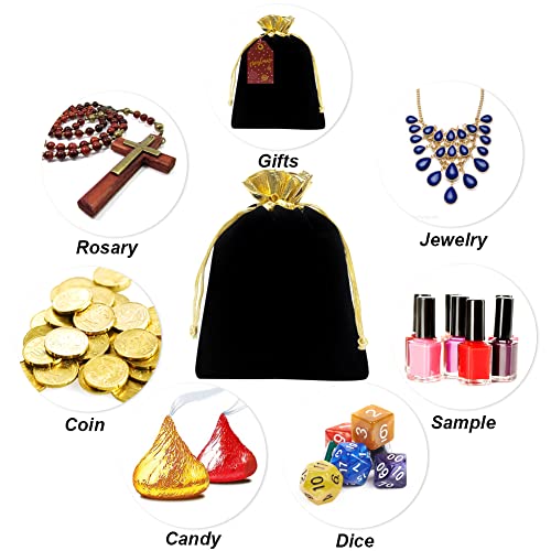 HRX Package 10pcs Velvet Bags with Drawstrings 5x7 inch, Black Gold Cloth Gift Pouches Baggies Sacks for Jewelry Dice Part...