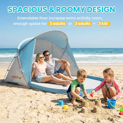 #WEJOY Beach Tent Sun Shelter, Windproof Reinforced 9.5mm Frame, 4 Person Easy Up Beach Shade, UPF 50+ UV Protection, Beac...