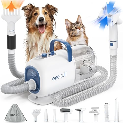 oneisall Dog Vacuum & Dryer for Shedding Grooming, 8 in 1 Dog Grooming Kit with Metal Blade Pet Clippers, Adjustable Speed...