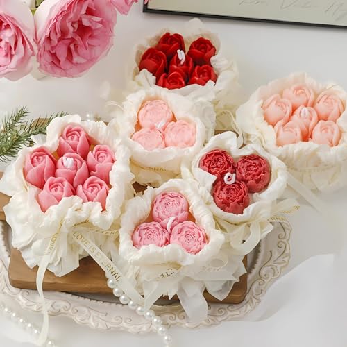 Handmade Floral Bouquet Candle, Scented Peony & Rose Shape, Gift for Women, Home Décor, Aromatherapy, Small (2.8"x2.4", 3 ...