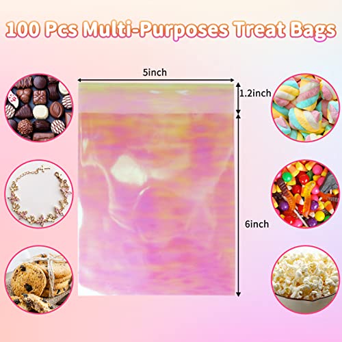 SUREHOME Cookie Bags with Seal 100 Pcs 5x6 In Iridescent Holographic Self Sealing Cellophane Treat Bags Pink Resealable In...