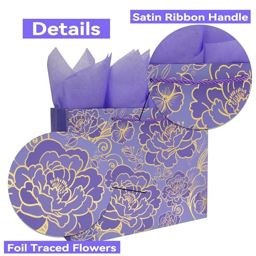 Qirrmiy 13" Large Rose Purple Gift Bag Set with Greeting Card and Tissue Paper for Women or Girls for Celebrating Birthday...