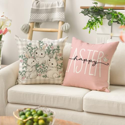 AVOIN colorlife Happy Easter Buffalo Plaid Rabbit Pink Throw Pillow Cover, 20 x 20 Inch Eucalyptus Leaves Hello Spring Cus...