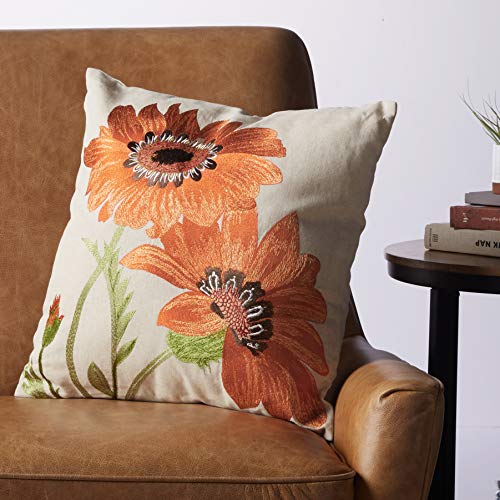 SARO LIFESTYLE 434P Le Tournesol Collection Embroidered Sunflower Design Linen Blend Filled Throw Pillow, Orange