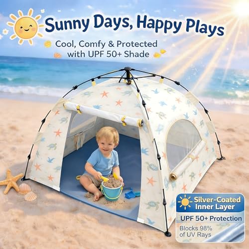 Baby Beach Tent Pop Up Sun Shelter with UPF 50+ UV Protection, Silver-Coated Interior, Breathable Mesh Ventilation, Easy S...