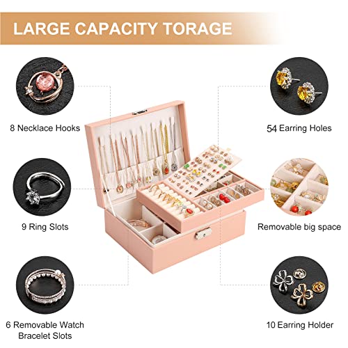 Jewelry Organizer Box, Leather Jewelry Box for Girls Gift Earring Organizer with Lock Double Layers Jewelry Case Removable...