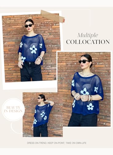 Dokotoo Womens Floral Fashion Summer Tops 2026 Short Sleeve Crochet Sweaters Swimsuit Cover Ups Lightweight Knit Pullover