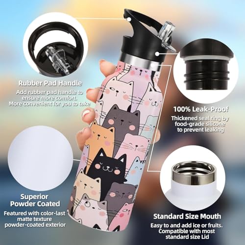Cat Water Bottle Adult Kids With Straw Lid Insulated Stainless Steel Travel Mugs for Sport Gym Outdoor 20oz