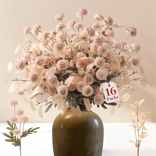 Alupssuc 16PCS Faux Silk Pompon Mums Artificial Flowers with Eucalyptus, Fake Chrysanthemum Floral for DIY Vase Arrangemen...