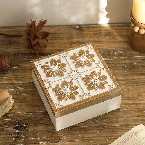 Synovana Floral Wooden Box - Decorative Wood Keepsake Boxes with Hinged Lid, Flower Engraved Design, 7.09" W