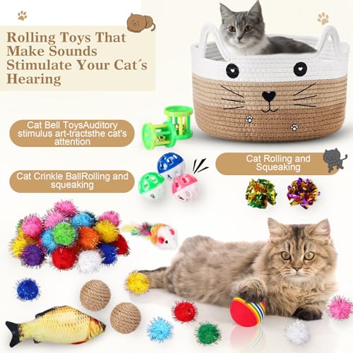 Zopeal 76 Pcs Mother's Day Cat Storage Basket Gift Toys Set Interactive Cat Toys Kitten Wand Colorful Flashing Balls Pet C...