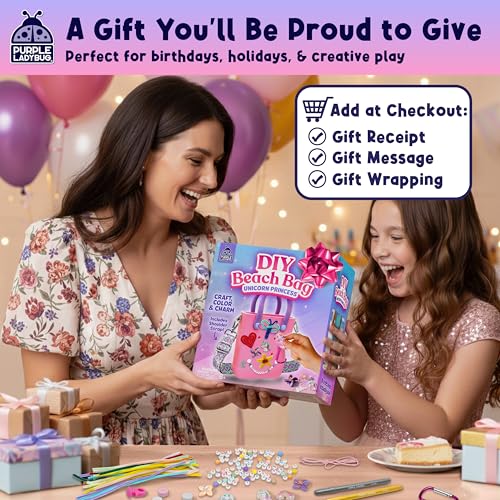 PURPLE LADYBUG Beach Tote With Beads & Charms For Kids, Fun Crafts for Girls Ages 6-8, Summer Travel Beach Bag For Girls