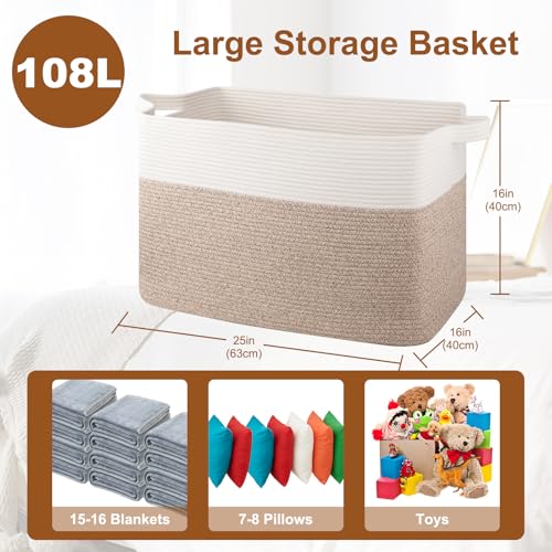 OIASKET XXXL Supre Large Blanket Basket for Clothes, Towels, Pillows, 108L Cotton Rope Storage Basket for Living Room, Wov...
