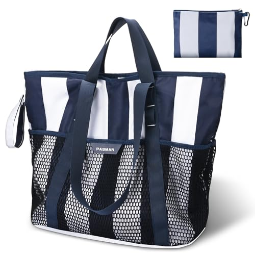 PASMAN Large Beach Bag with Zipper-8 Pockets Sandproof Beach Tote Bag for Women,Foldable Lightweight Family Swim Bag Vacation