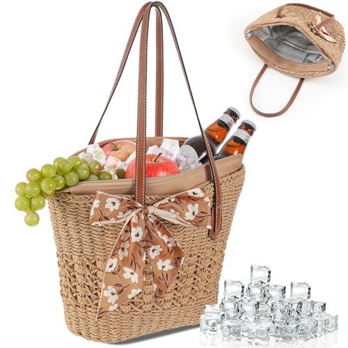 Dansydaisy Insulated Beach Woven Cooler Bag for Women, Leak Proof Summer Straw Bag with Zipper, Picnic & Pool, Stylish Str...