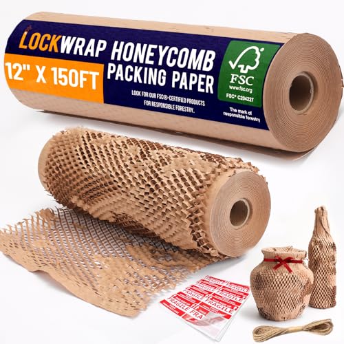 Honeycomb Packing Paper 12" x 150ft with Rope & 20 Fragile Stickers|Shipping & Moving Supplies|Small Business Packaging Su...