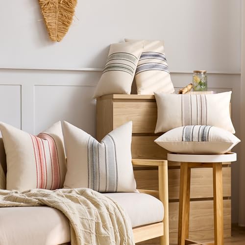 Striped Linen Textured Throw Pillow Covers 18x18 Inch Set of 2,Boho Decorative Cushion Covers, Neutral Beige Accent Pillow...