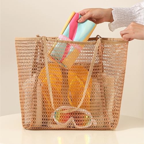 BESSKON Large Beach Bags for Women, Mesh Beach Tote with Zipper, Foldable Pool Tote Bag Travel Beachbag Waterproof Sandproof