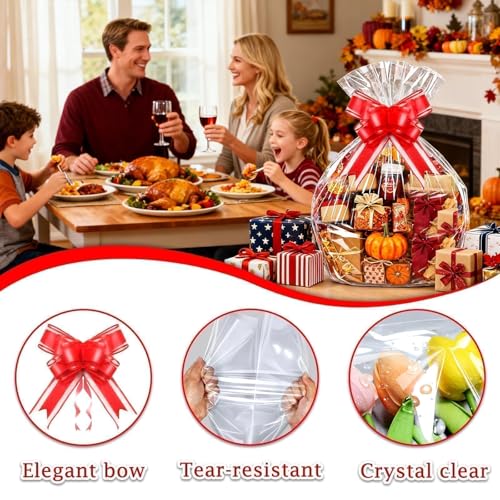 PigPotParty 24x30 Inch Large Cellophane Bags for Gift Baskets with Red Ribbon Bows, 10 Pack Clear Plastic Basket Wrap with...